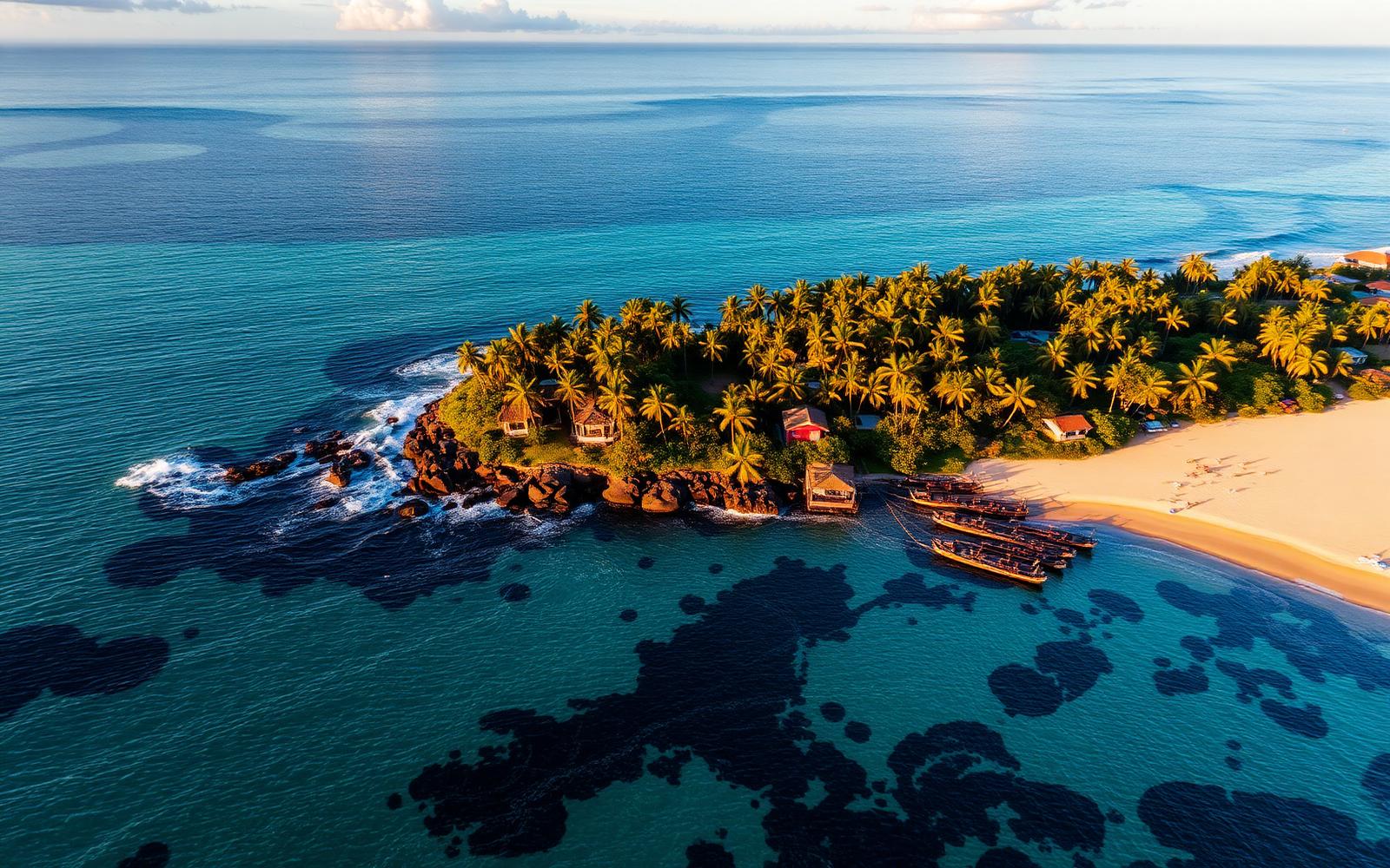 Aerial view of a tropical Bali beach at golden hour