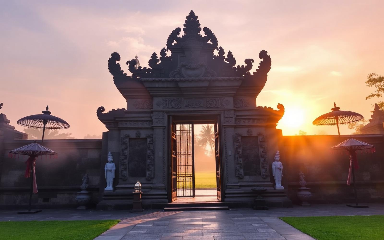 Balinese temple gate at sunrise